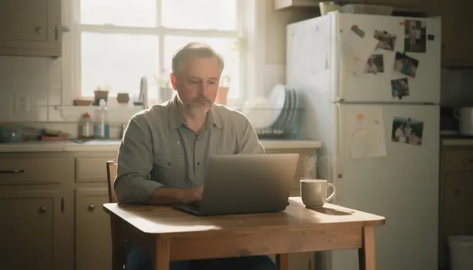 Middle-aged man staring at laptop at kitchen table in quiet suburban morning light