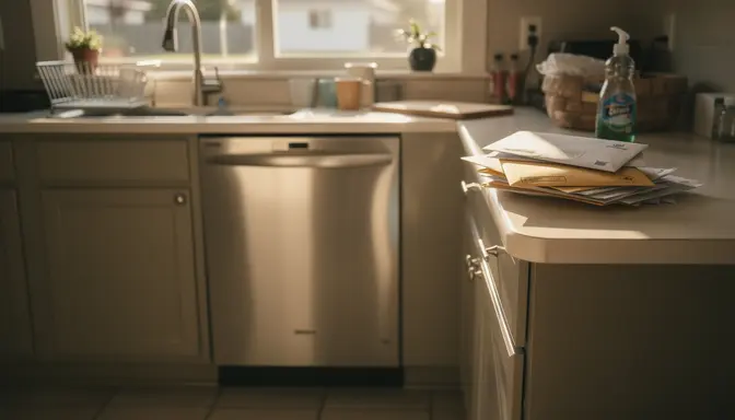 Modern kitchen with new stainless dishwasher and unopened mail stacked on the counter