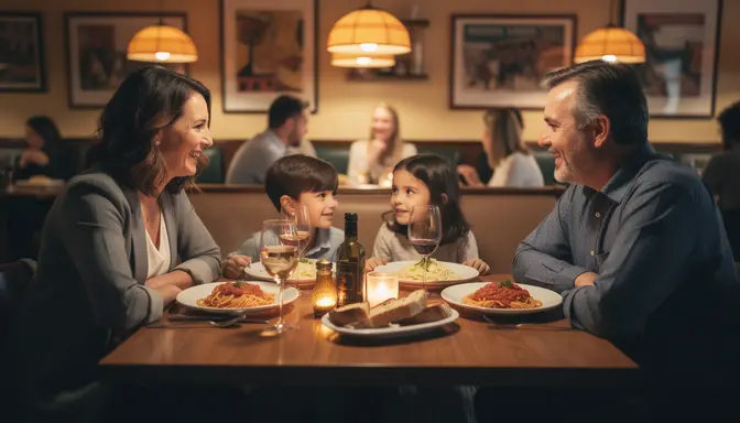 Family enjoying an expensive dinner at a cozy Italian restaurant, warm lighting and full table
