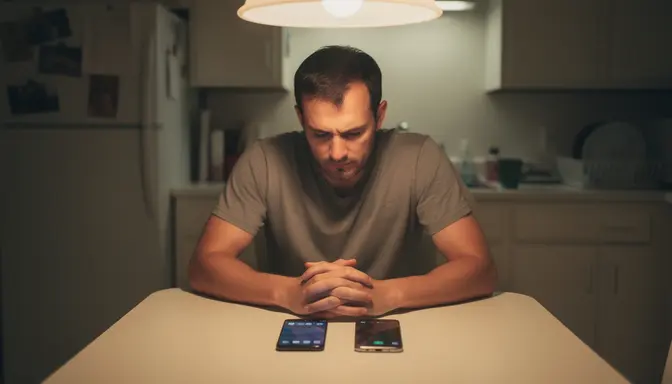 Man sitting at kitchen table at night with two phones in front of him, looking resigned