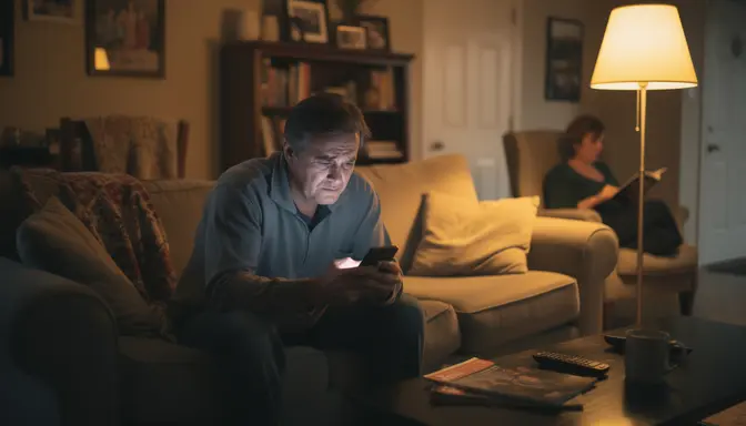 Man sitting alone on couch at night staring at phone with conflicted expression