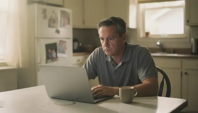 Middle-aged man staring at laptop screen with blank expression at kitchen table