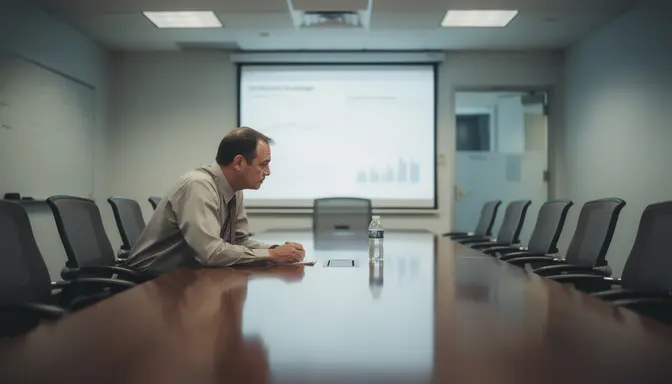 Man sitting alone at conference table staring at projected screen with expression of quiet devastation
