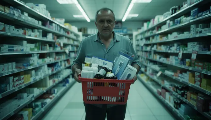 Overwhelmed man in pharmacy aisle at night with basket overflowing with medical supplies