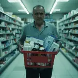 Overwhelmed man in pharmacy aisle at night with basket overflowing with medical supplies