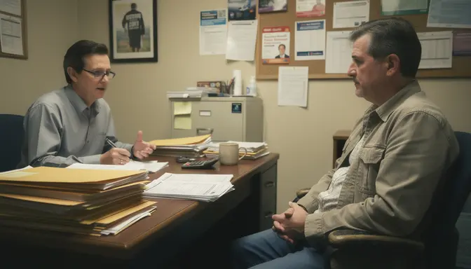 Middle-aged man sitting across from accountant in small tax office, looking resigned