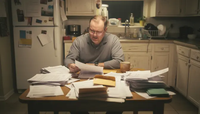 Middle-aged man at kitchen table surrounded by stacks of bank statements with a bewildered expression