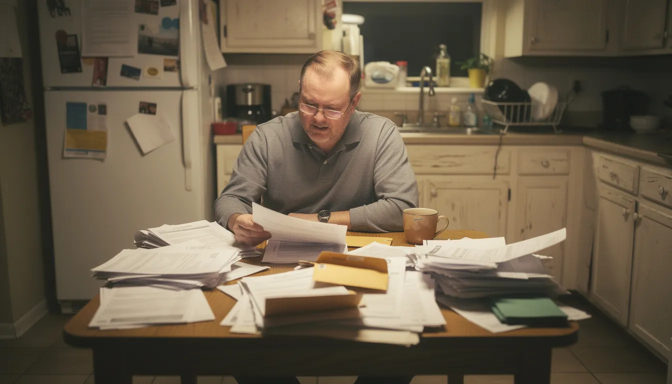 Middle-aged man at kitchen table surrounded by stacks of bank statements with a bewildered expression