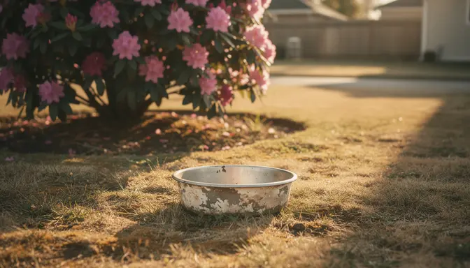 Empty dog bowl beside a rhododendron bush in a quiet suburban backyard at dusk