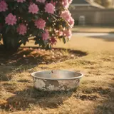 Empty dog bowl beside a rhododendron bush in a quiet suburban backyard at dusk