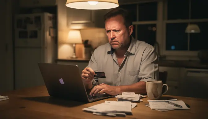 Man staring at laptop late at night with credit card and scattered papers on kitchen table