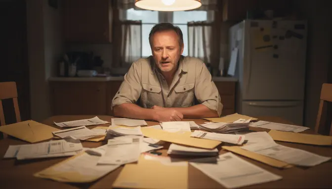 Middle-aged man sitting at kitchen table surrounded by financial paperwork with a bewildered expression