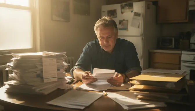 Man sitting at kitchen table surrounded by stacks of bank statements with a bewildered expression
