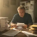 Man sitting at kitchen table surrounded by stacks of bank statements with a bewildered expression
