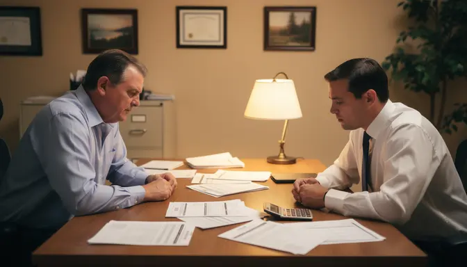 Middle-aged man and financial advisor sitting at desk reviewing documents with expressions of quiet disbelief