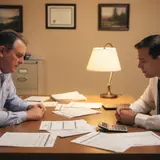Middle-aged man and financial advisor sitting at desk reviewing documents with expressions of quiet disbelief