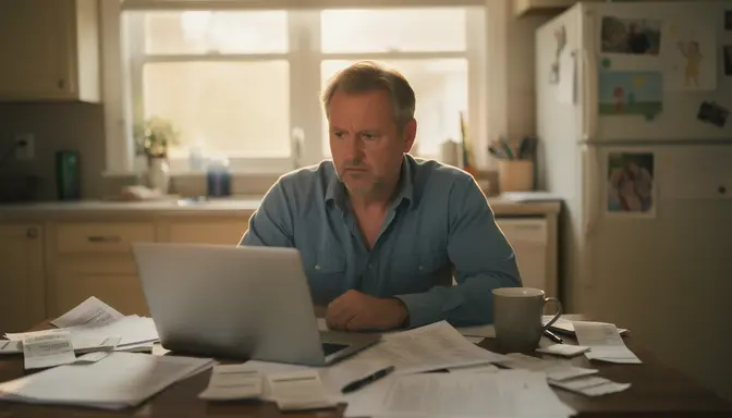Man sitting at kitchen table staring at laptop with papers spread out, resigned expression