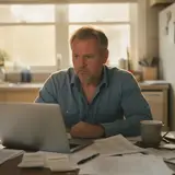 Man sitting at kitchen table staring at laptop with papers spread out, resigned expression