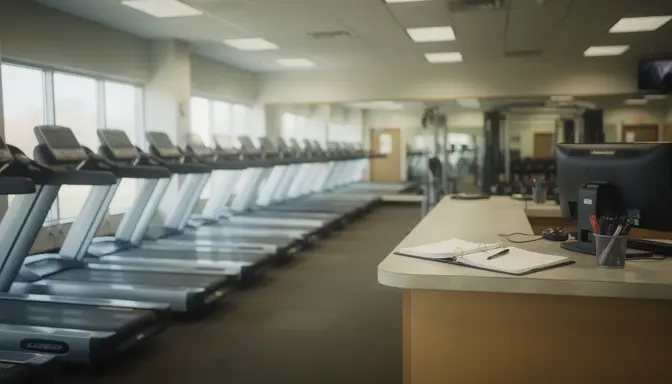 Empty gym interior with unused treadmills under fluorescent lighting and unmanned front desk