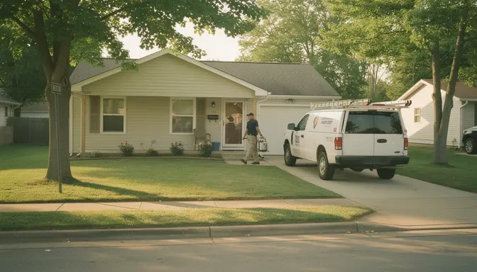 Pest control technician approaching the front door of a tidy suburban ranch house on a sunny morning