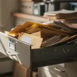 Open filing cabinet drawer overflowing with old envelopes and yellowed documents in a dim home office