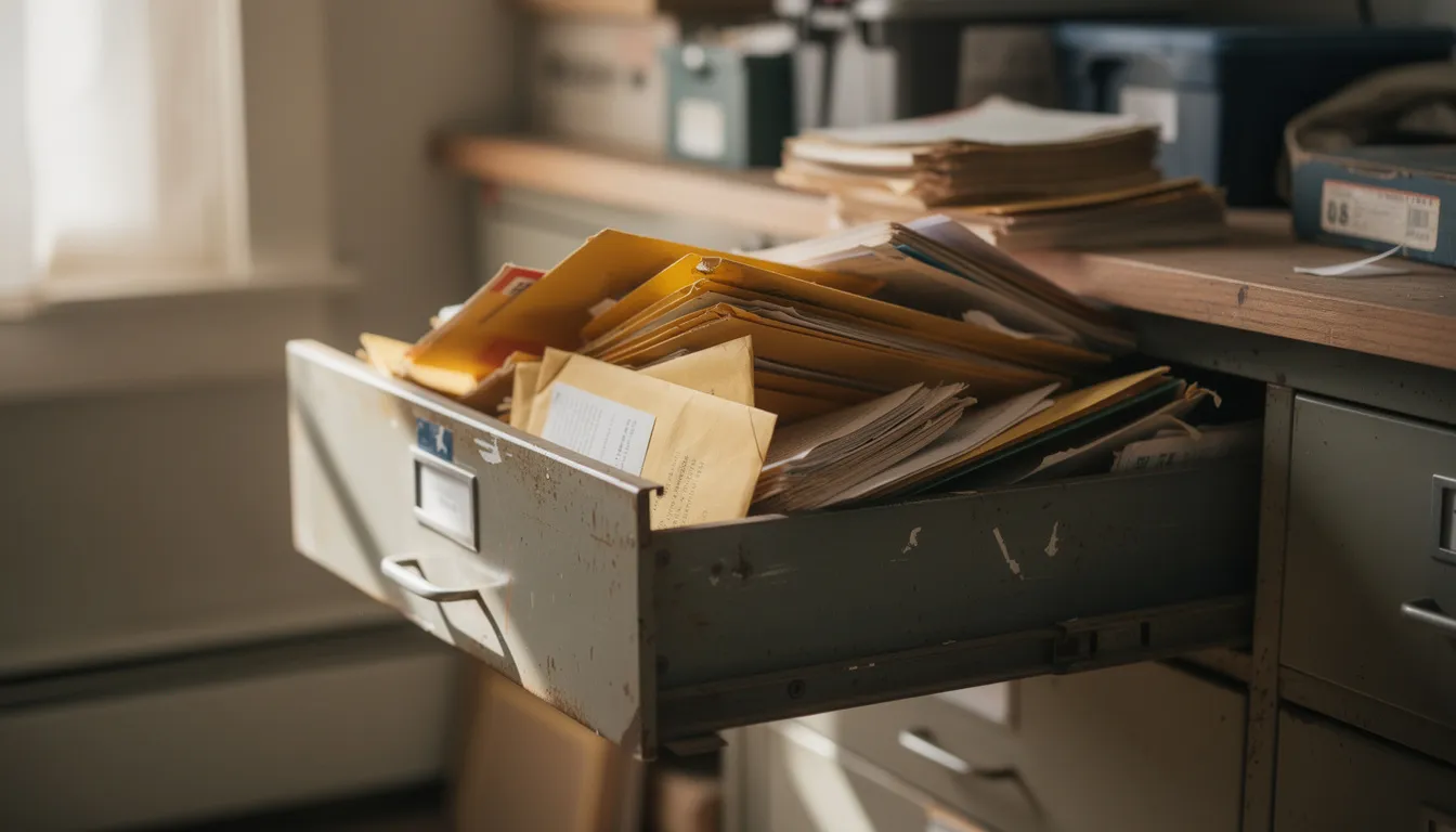 Open filing cabinet drawer overflowing with old envelopes and yellowed documents in a dim home office
