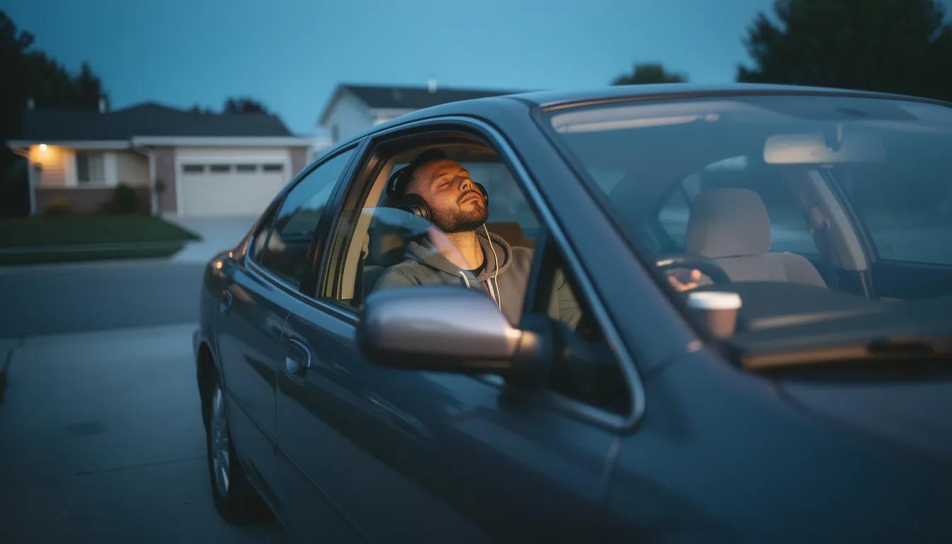 Man in parked car wearing headphones at dusk with cold coffee in cupholder
