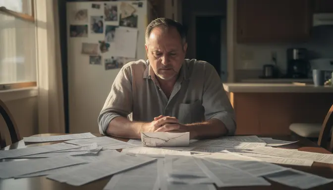 Man sitting at kitchen table surrounded by bank statements looking at a crumpled envelope