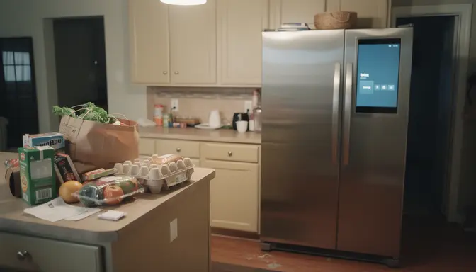 A glowing smart refrigerator in a dimly lit suburban kitchen at night