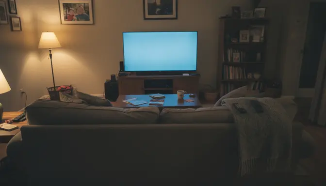 Glowing smart television in a dark suburban living room with an empty couch
