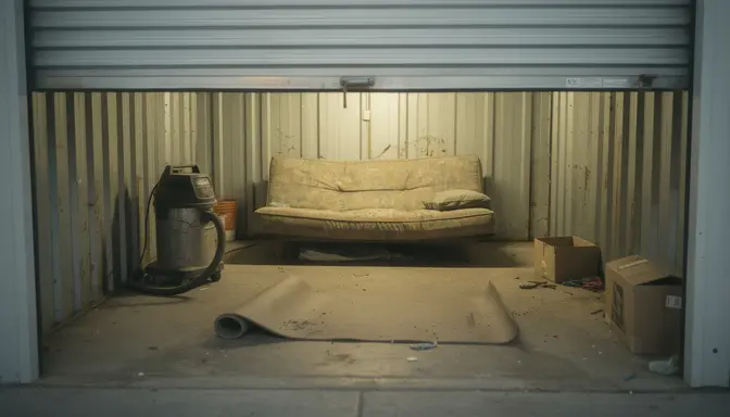 Dim storage unit interior with a dusty exercise mat, broken shop vacuum, and forgotten futon