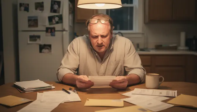 Middle-aged man at kitchen table staring at credit card statements with expression of quiet devastation