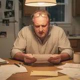 Middle-aged man at kitchen table staring at credit card statements with expression of quiet devastation
