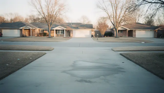Empty suburban driveway with oil stain where a car used to be parked in winter afternoon light