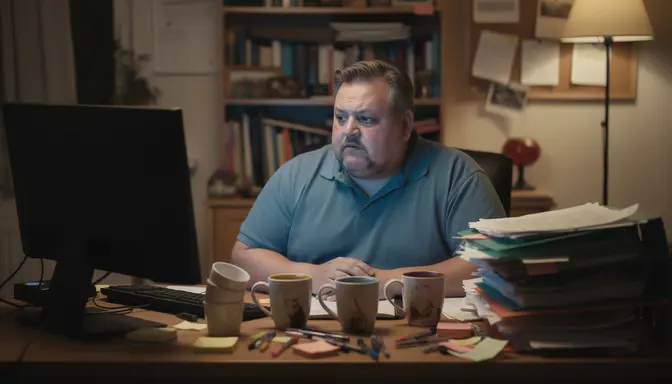 Middle-aged man sitting at cluttered home desk at night looking defeated by email inbox