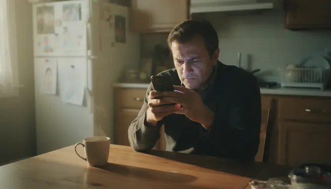 Man sitting alone at kitchen table staring at smartphone with conflicted expression in morning light