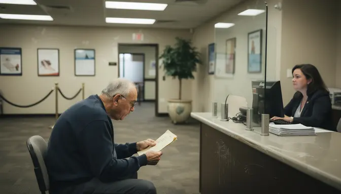 Older man sitting at bank teller counter holding an aged paper document under fluorescent lights