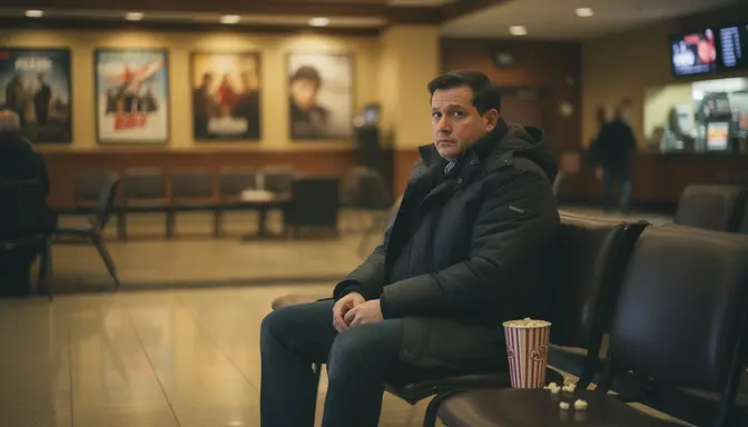 Man sitting alone in movie theater lobby after a film with a contemplative expression