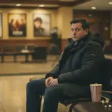 Man sitting alone in movie theater lobby after a film with a contemplative expression