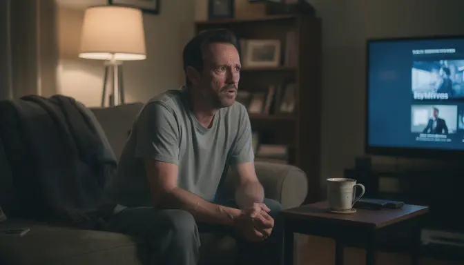 Man sitting alone on couch in dim living room after finishing a late-night documentary