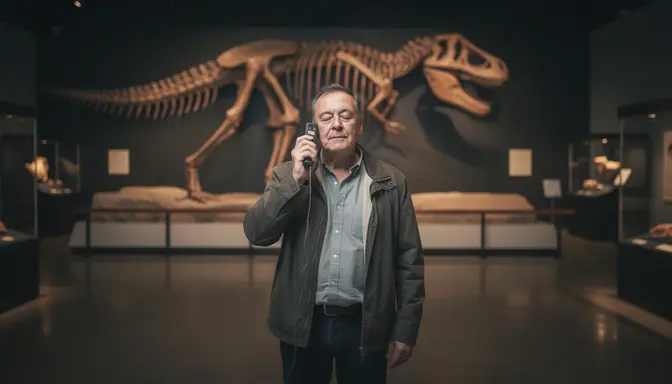 Middle-aged man listening intently to audio guide alone in empty natural history museum gallery