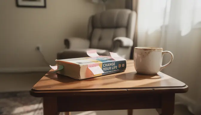 Dog-eared self-help book with sticky notes on a side table next to a living room recliner