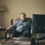 Middle-aged man sitting alone in a dark living room with the television off, staring quietly
