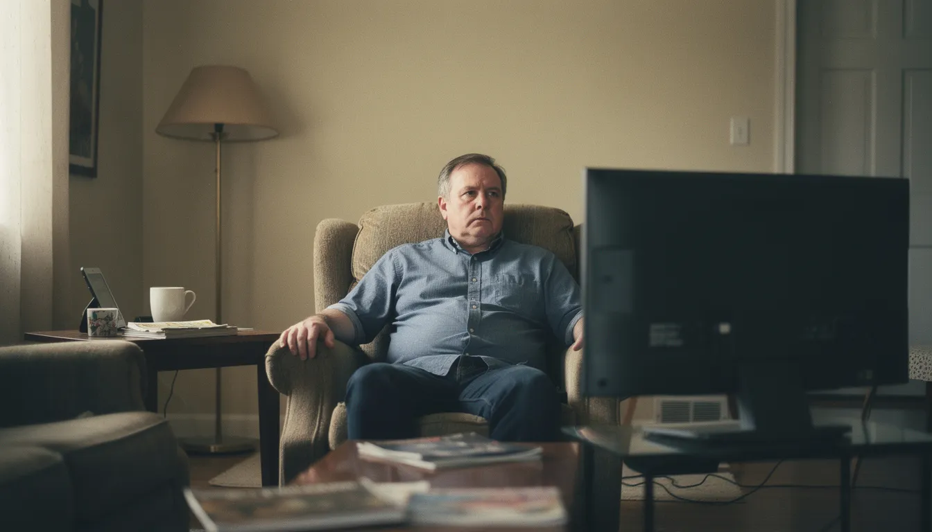 Middle-aged man sitting alone in a dark living room with the television off, staring quietly