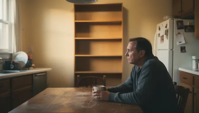 Middle-aged man sitting alone at kitchen table staring at an empty bookshelf with a distant expression