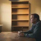 Middle-aged man sitting alone at kitchen table staring at an empty bookshelf with a distant expression