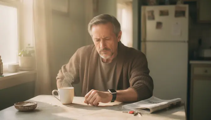 Man at kitchen table staring at his smartwatch with an expression of quiet resignation
