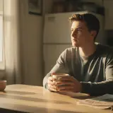 Young man sitting quietly at kitchen table with coffee, looking out window in morning light