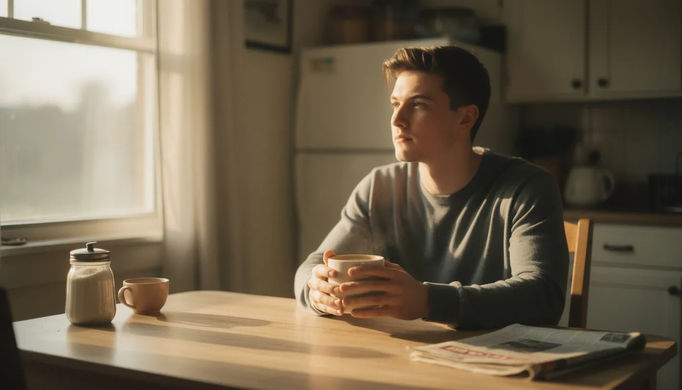 Young man sitting quietly at kitchen table with coffee, looking out window in morning light