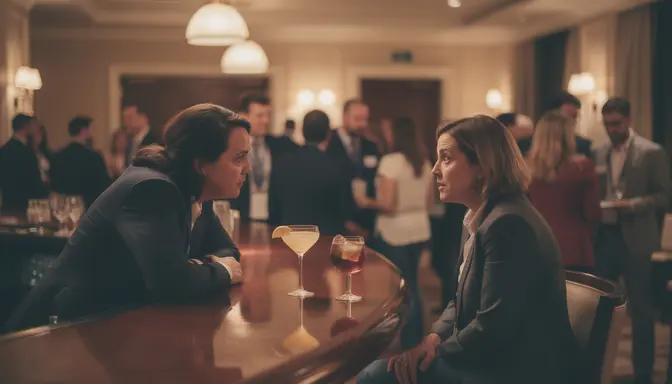 Two people in earnest conversation at a dimly lit hotel bar during a networking event